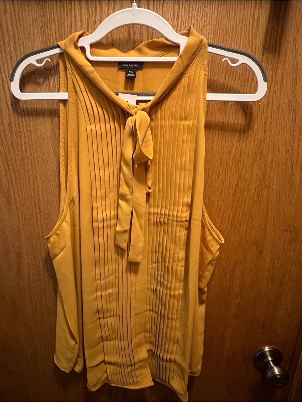 Ann Taylor Mustard Pleated Tie-Neck Sleeveless Shell